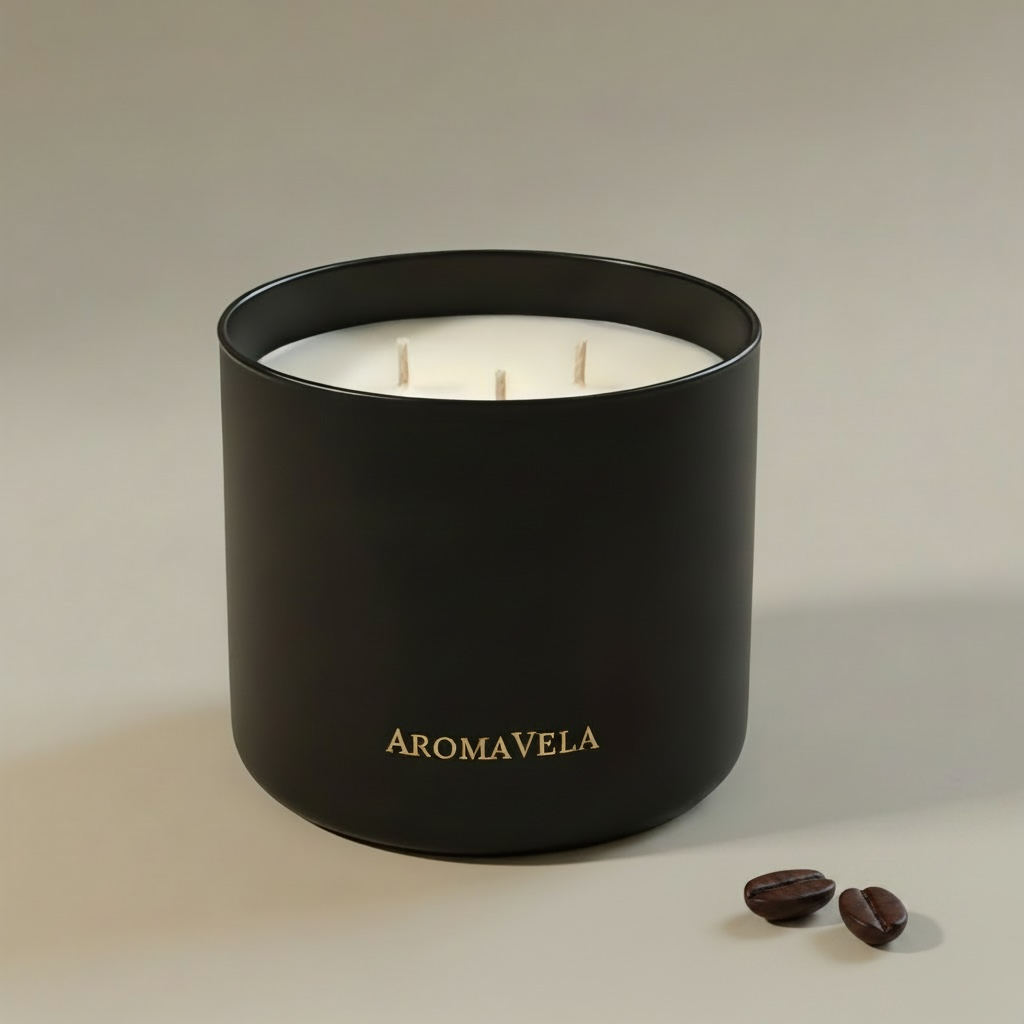 A black cylindrical scented candle with three wicks and the brand name AROMAVELA in gold lettering, set against a warm beige background with two coffee beans in the foreground.