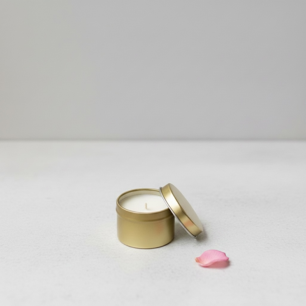 A small round gold metal candle tin with its lid leaning against it, filled with white wax, set on a light gray surface with a single pink petal nearby.