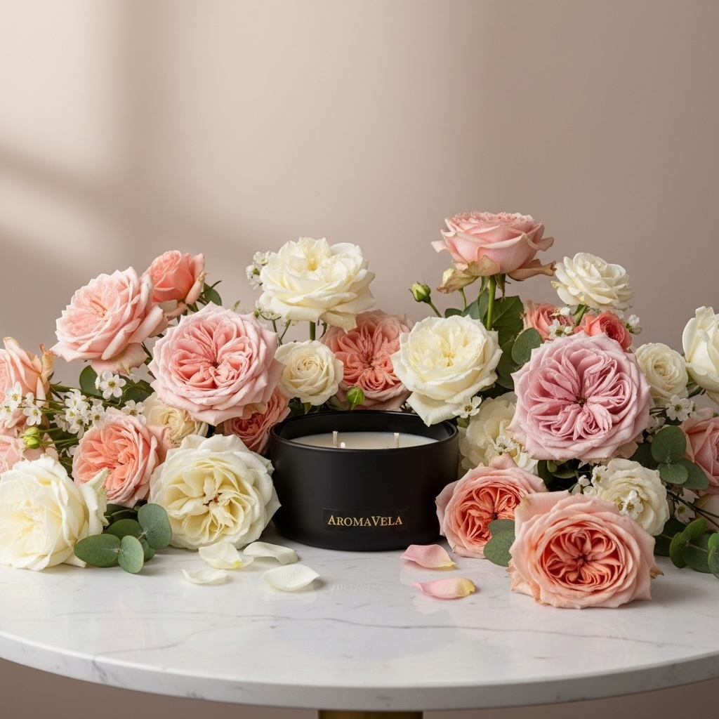 Black candle with pink and white flowers on a marble surface