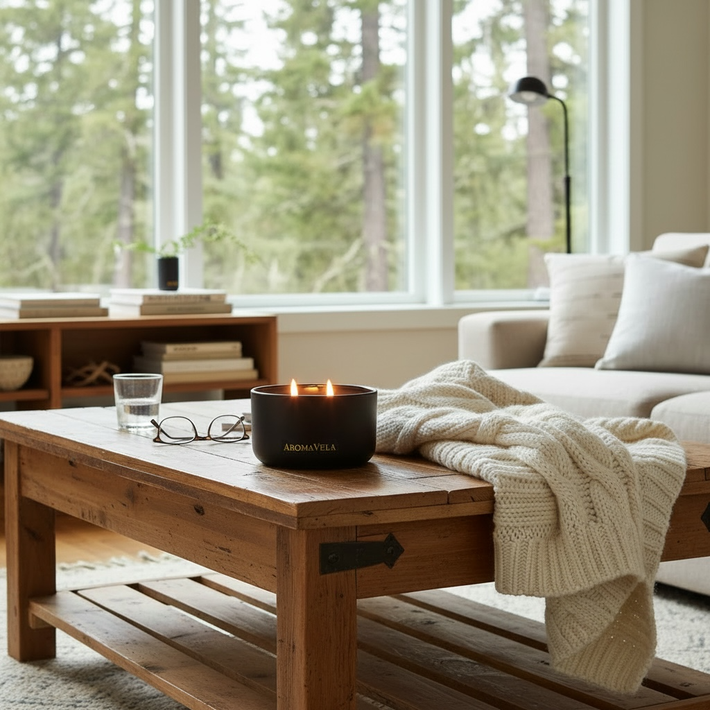 Candle on a wooden coffee table in a cozy living room with a view of trees.