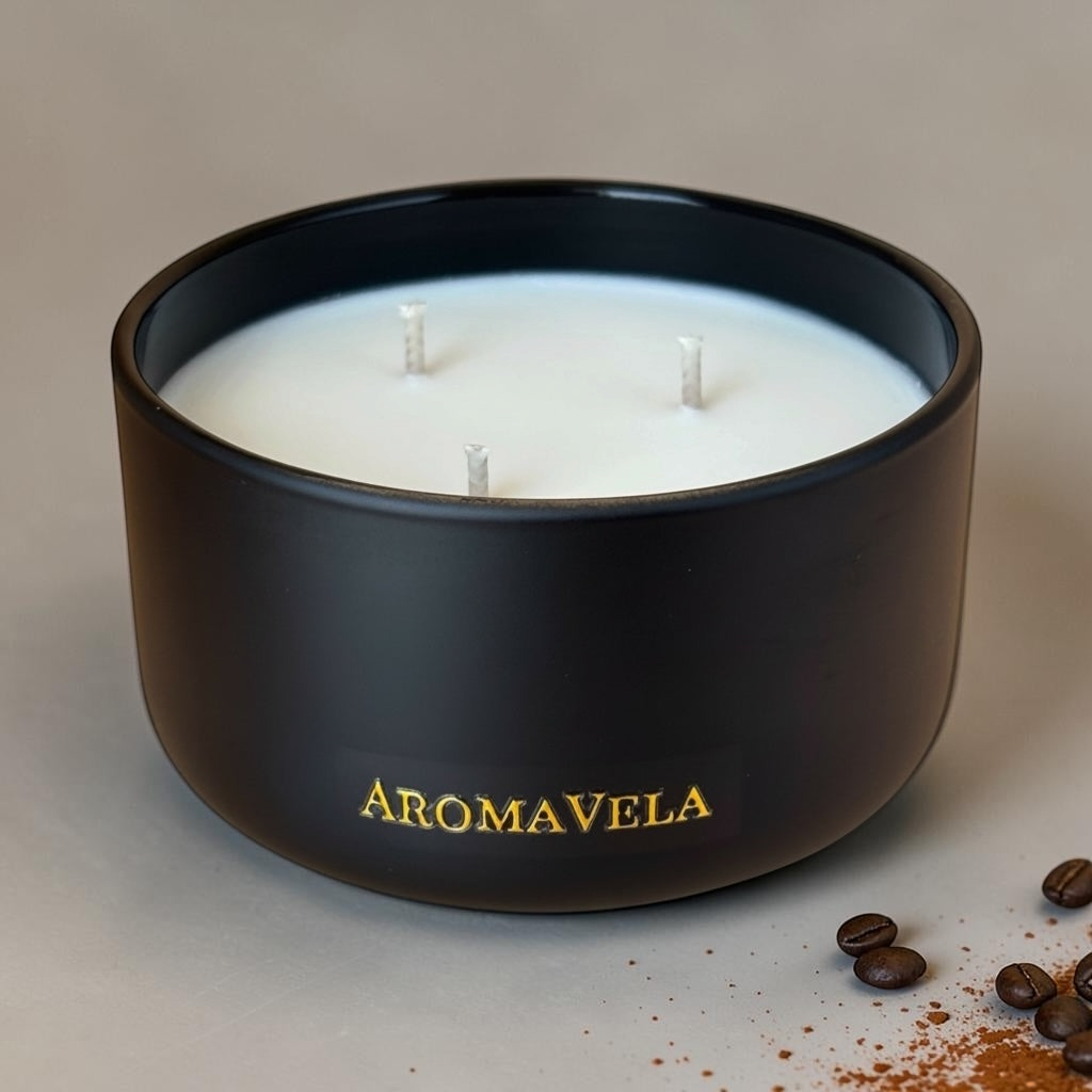 Black candle with 'Aromavela' branding on a neutral background with coffee beans and cocoa dusting.