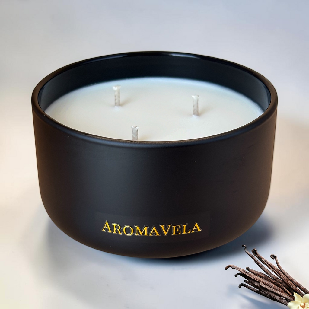 Black candle jar with 'Aromavela' branding on a light background