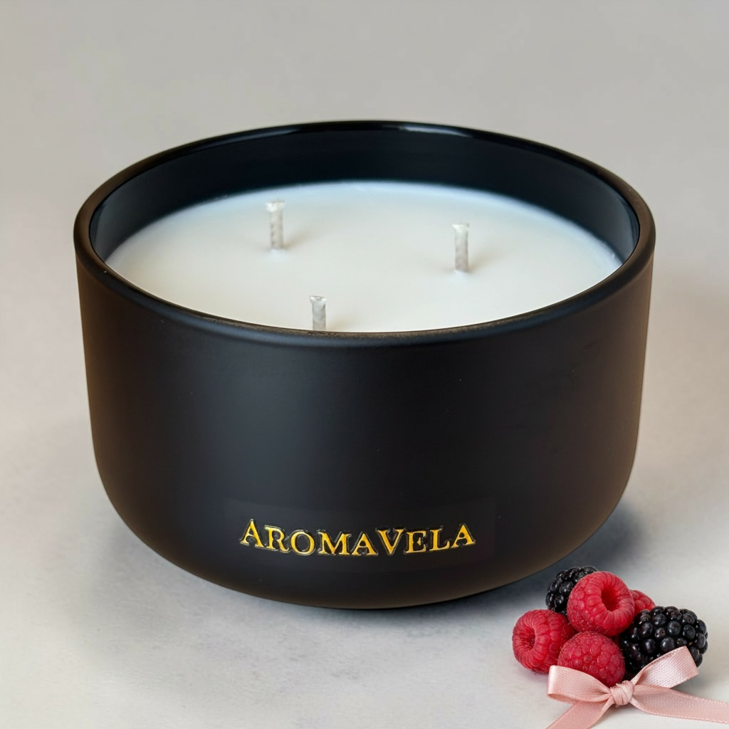 A three-wick scented candle in a matte black round vessel with the brand name AROMAVELA in gold lettering, set against a neutral light gray background with fresh raspberries and a pink ribbon in the corner.
